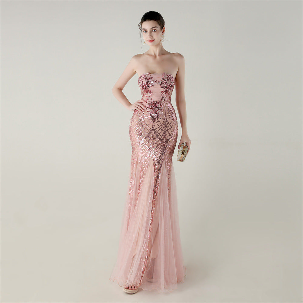 Women Strapless cross Lace-Up sequined tube flower sequined mesh evening dress Formal Party evening dress 85