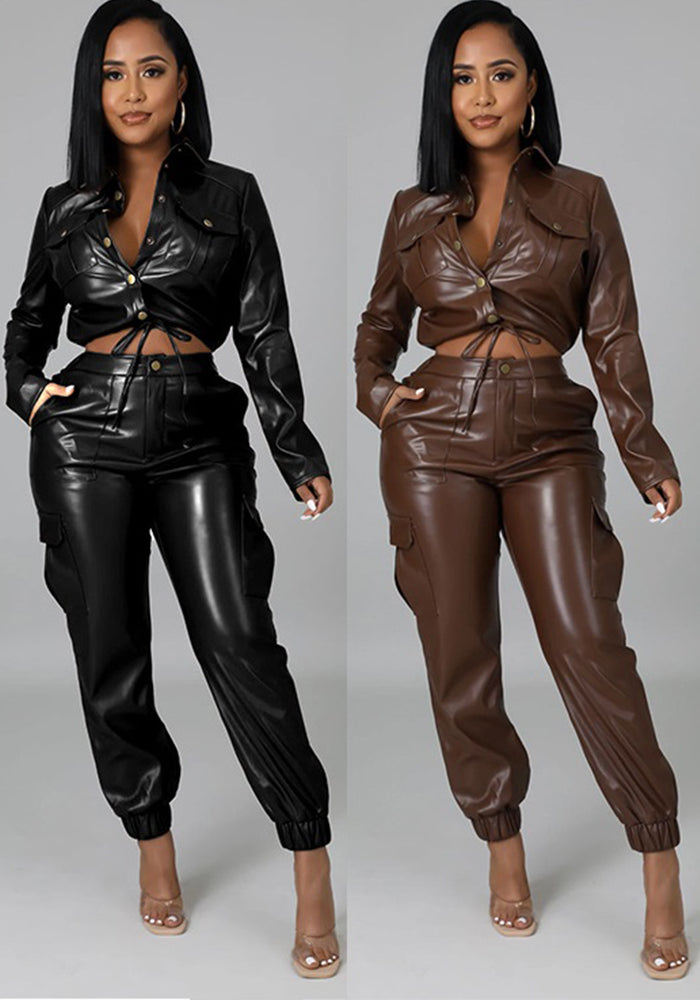 Women autumn and winter pocket pu leather top and trousers two piece set
