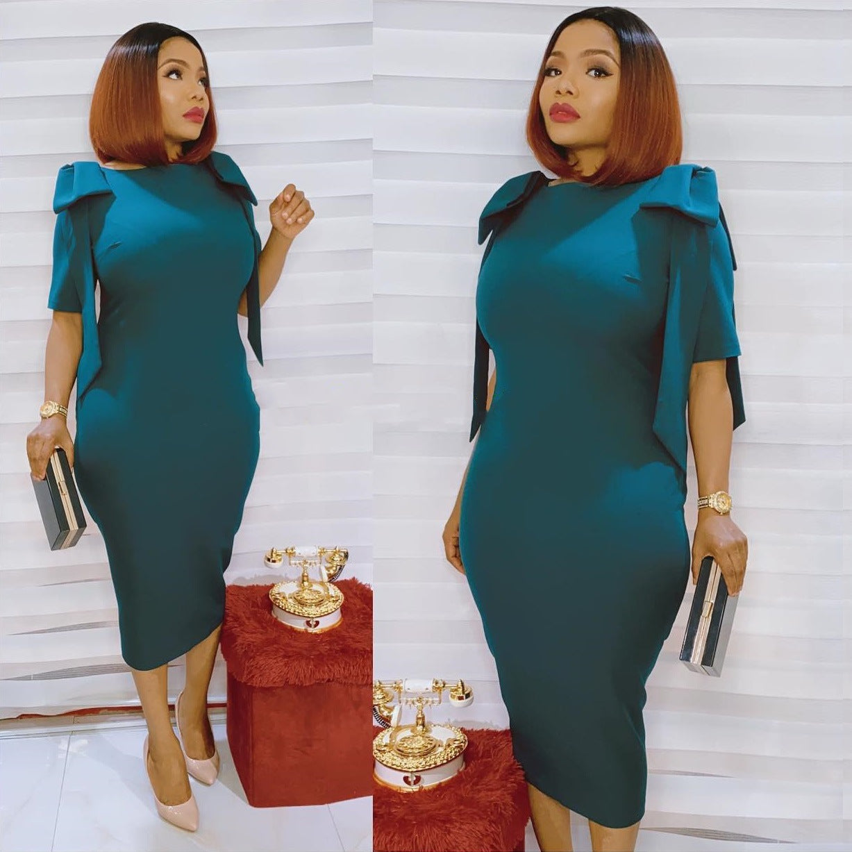 Summer African Women Bow Knot Short Sleeve Bodycon Dress 4