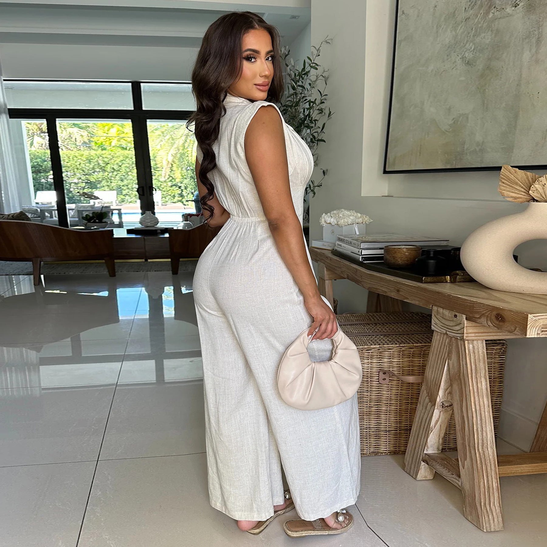 Women Casual Solid Sleeveless Wide Leg Jumpsuits 3