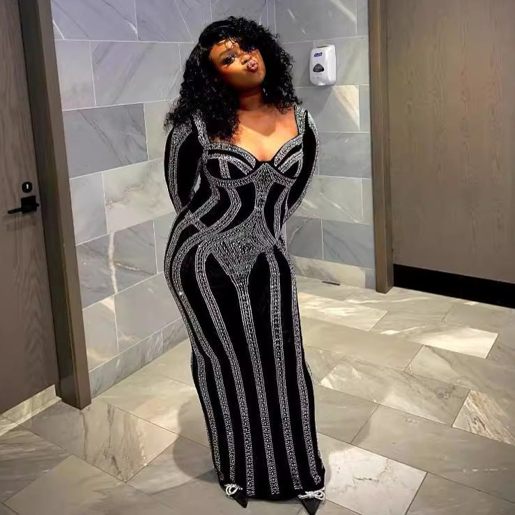 Women Sexy Beaded Square Neck Bodycon Dress