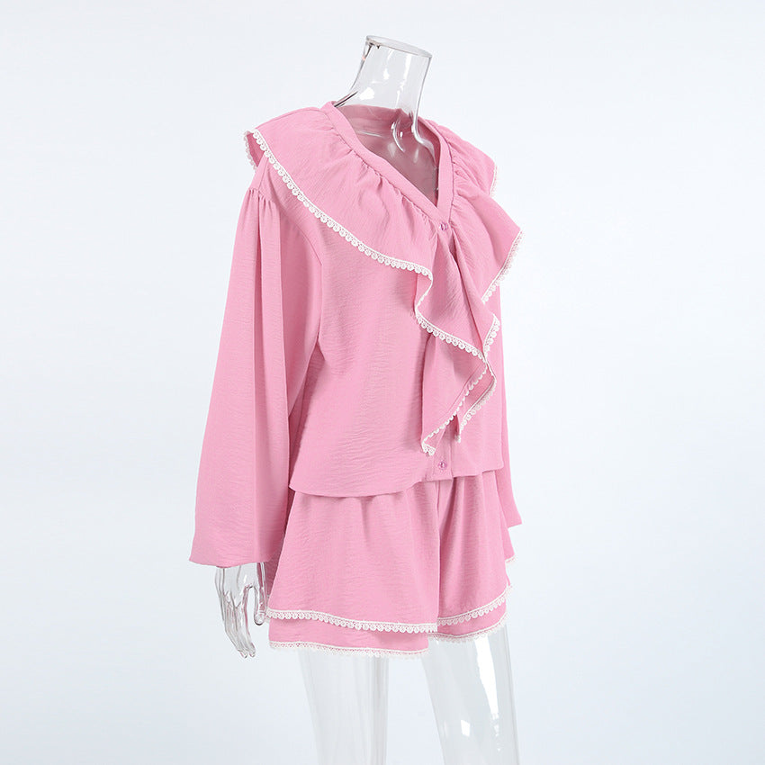 Women French layered ruffle Turndown Collar lantern sleeve loose shirt shorts Two Piece Set 6