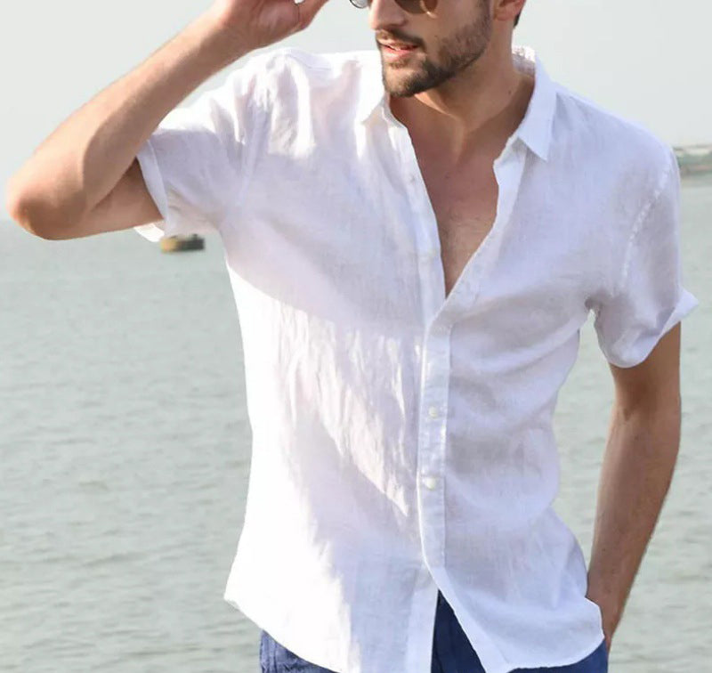 Men's Summer Solid Short Sleeve Turndown Collar Trendy Casual Shirt 3