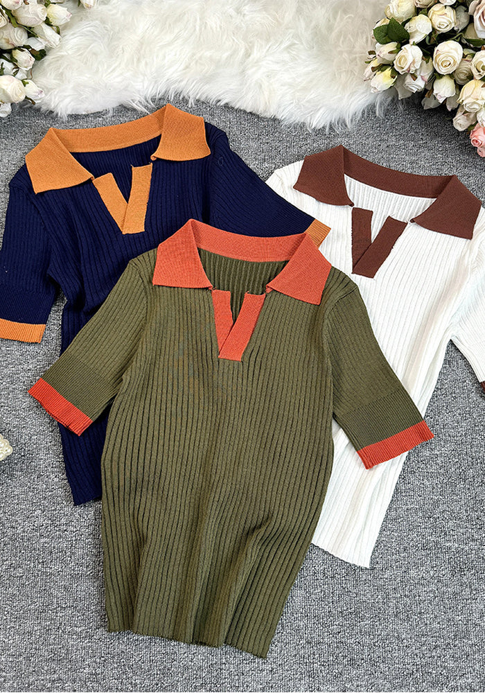 Women French Polo Neck Contrast Knittin Summer Short Sleeve Top