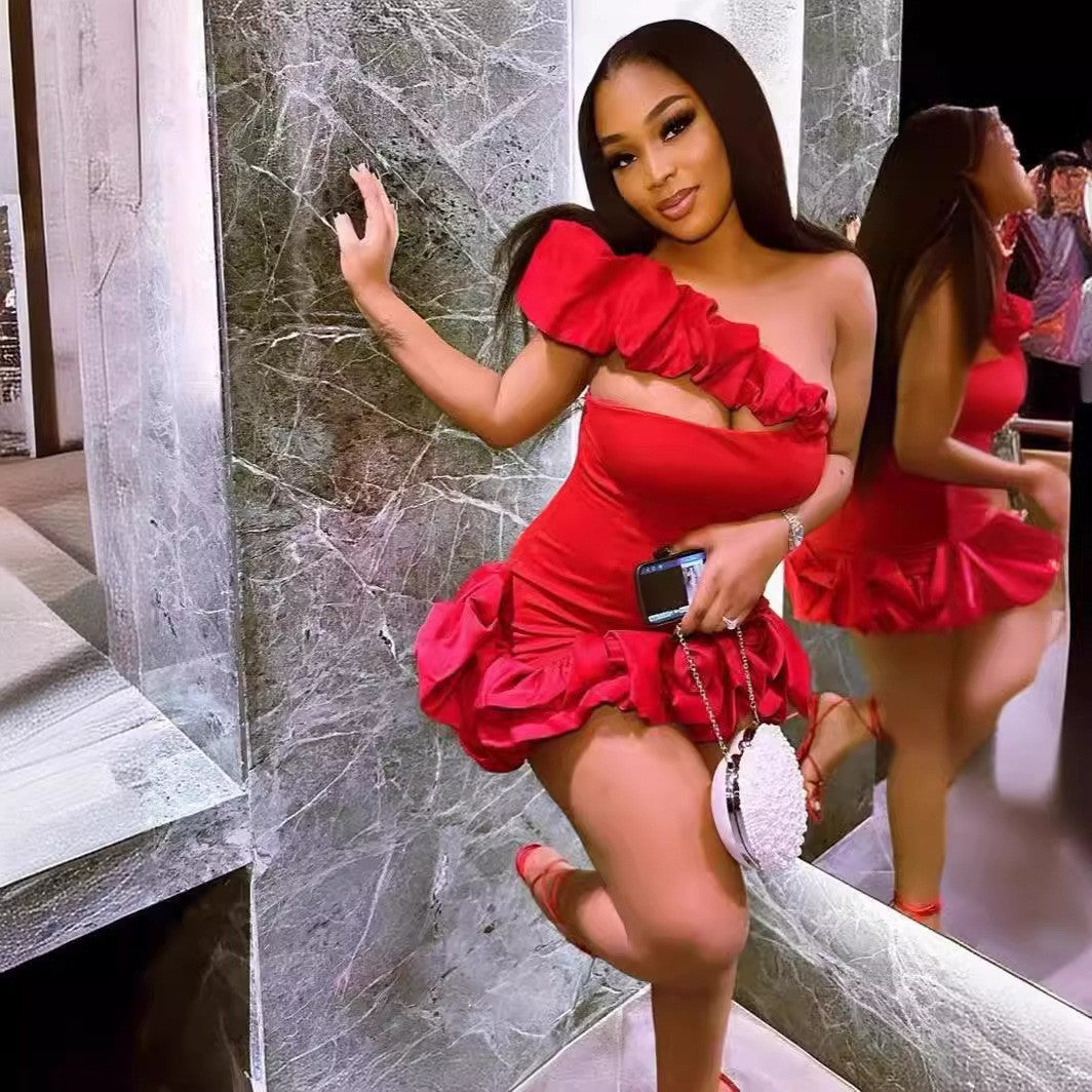 Women Solid One Shoulder Strapless Bodycon Ruffle Dress 4