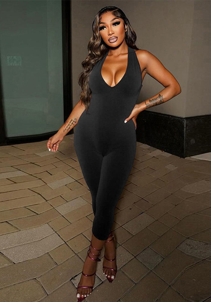 Women Spring and Summer Solid Halter Neck V Neck Backless Jumpsuit with Tie
