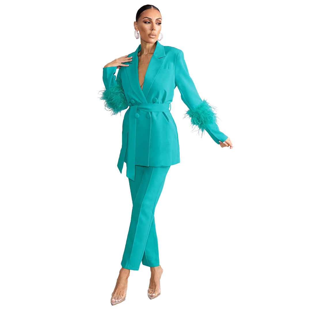 Fuzzy Fashion Casual Long Sleeve Two-Piece Blazer and Pants Set 17