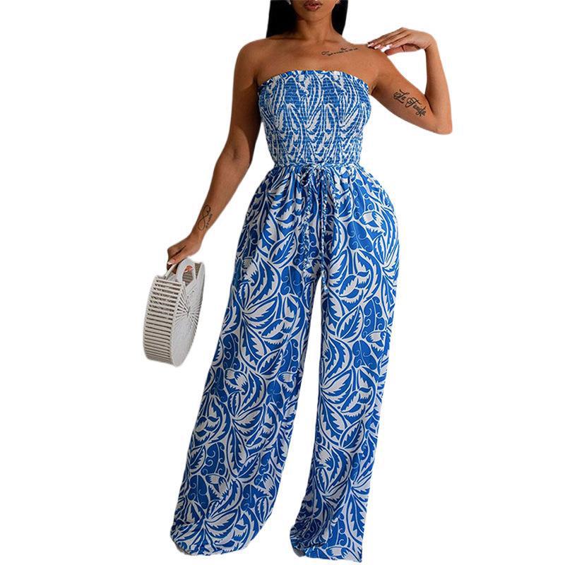 Women Summer Printed Strapless Sexy Off-the-Shoulder Wide-Leg Jumpsuit 8