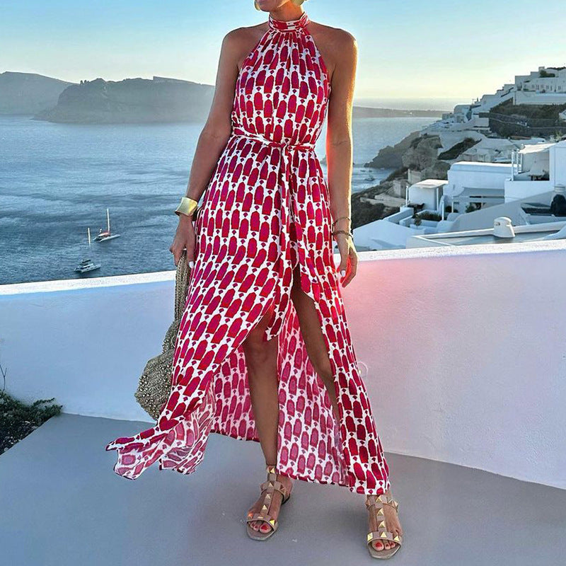Women's Spring Summer Fashion Sexy Printing Halter Neck Beach Holidays Long Dress 4
