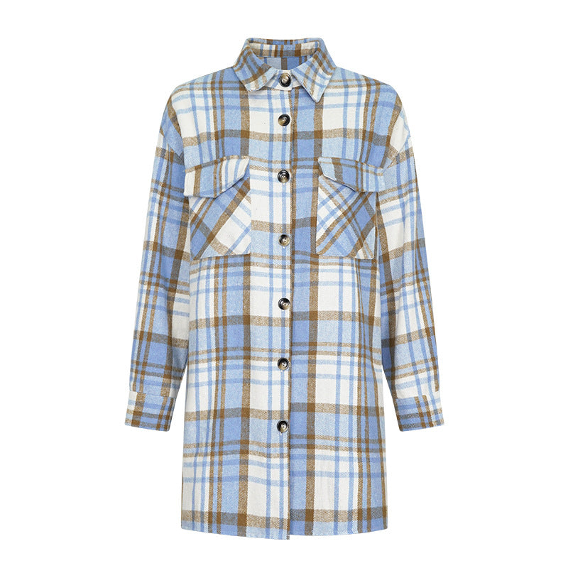 Women Turndown Collar Button Plaid Pocket Long-Sleeved Shirt 4