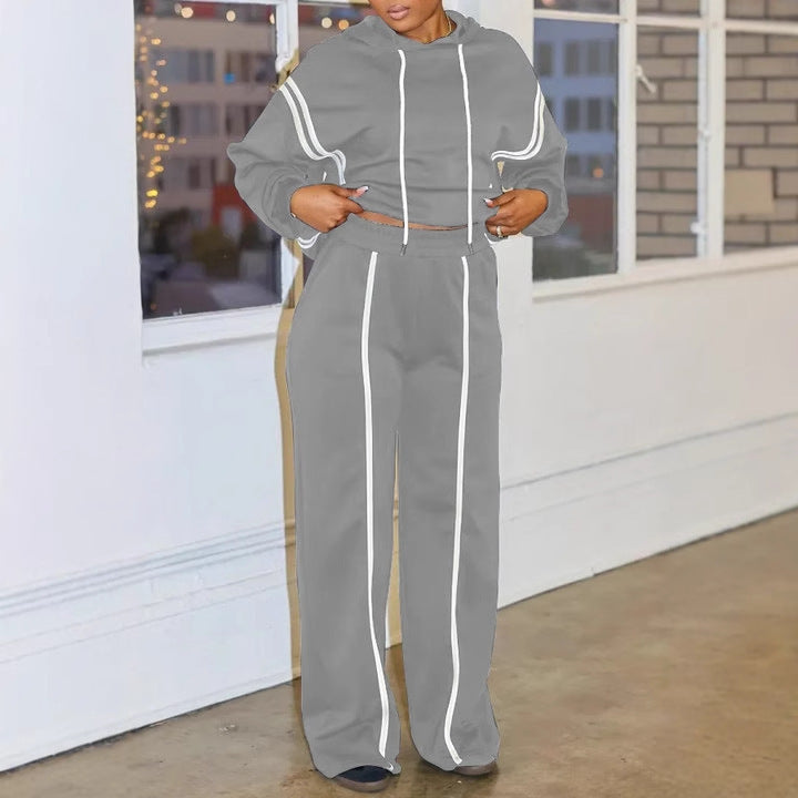 Ribbon Patchwork Hooded Hoodies Pants Two-Piece Tracksuit 4