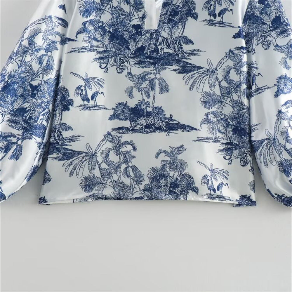 Summer Women loose long-sleeved printed shirt And Pant two-piece set 8