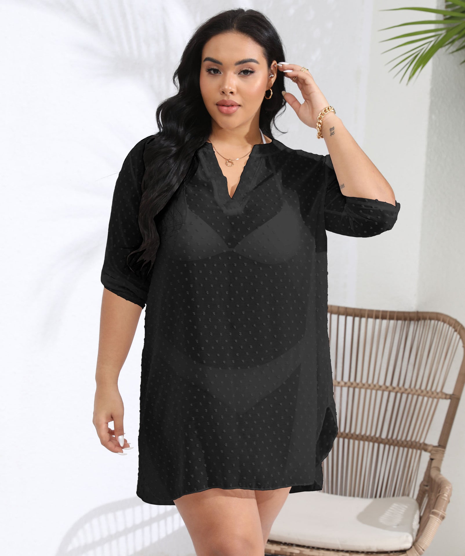 Plus Size Women V-neck Pockets See-Through Polka Dot Jacquard Chiffon Beach Cover-up Shirt Dress 8