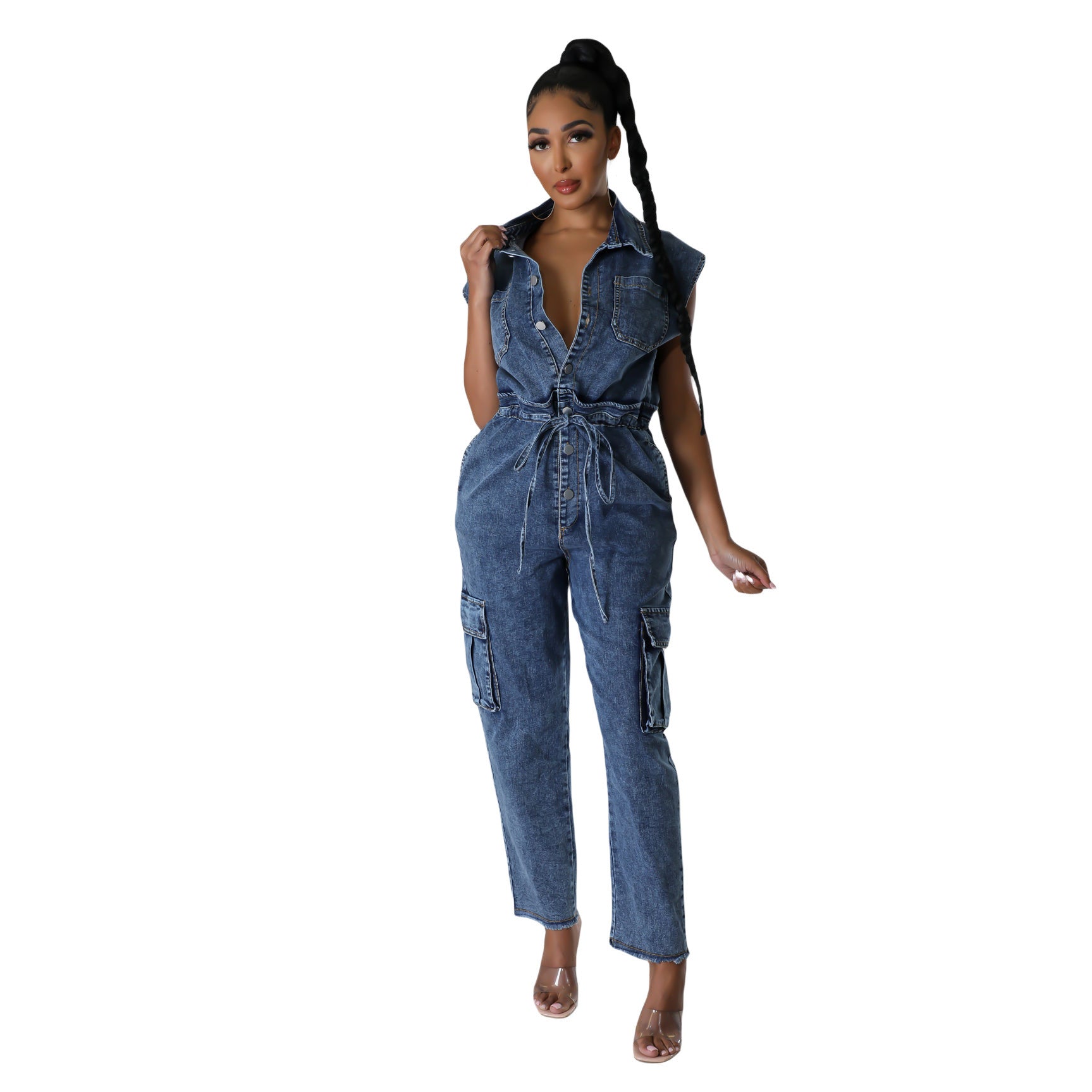 Women Elastic washed denim jumpsuit 3