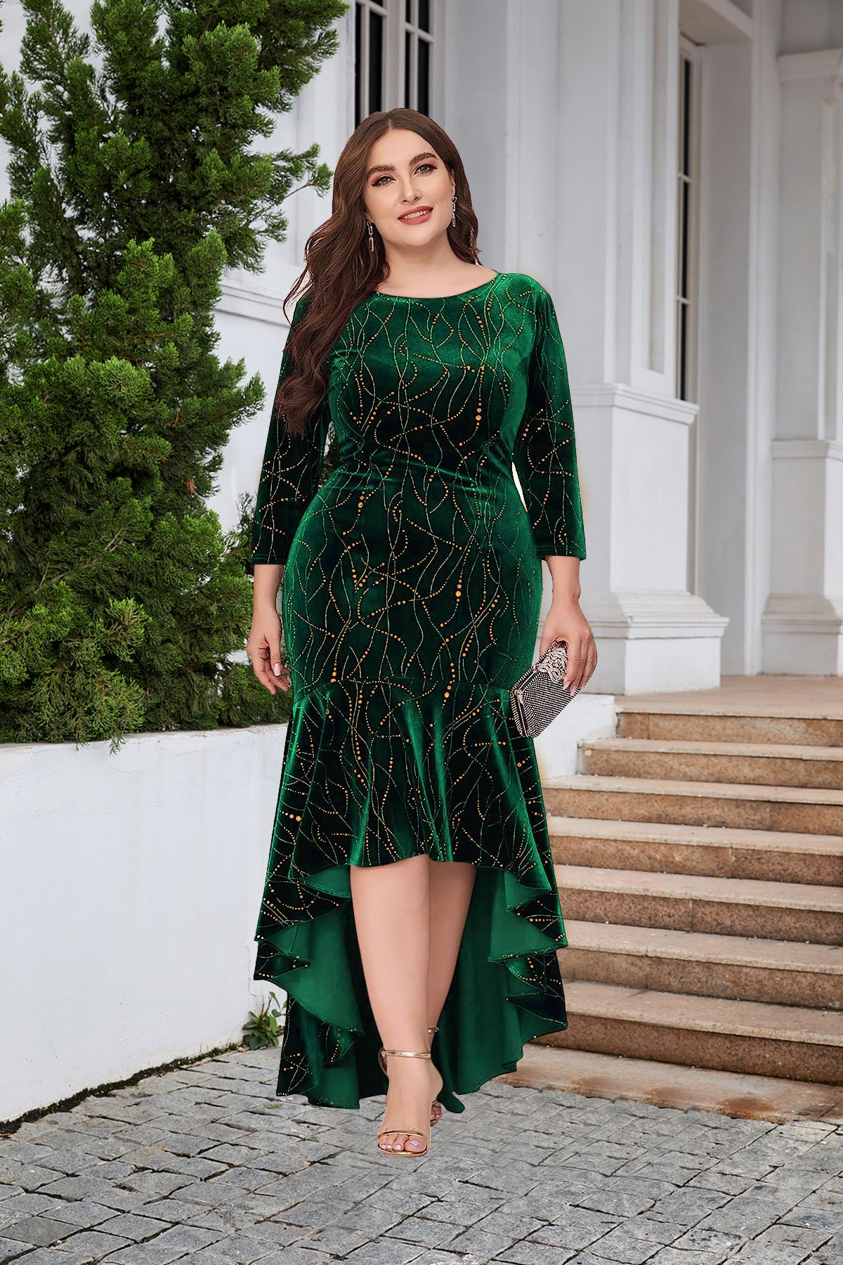 Women's Plus Size Three Quarter Sleeve Mermaid High Low Hem Long Velvet Formal dress 12