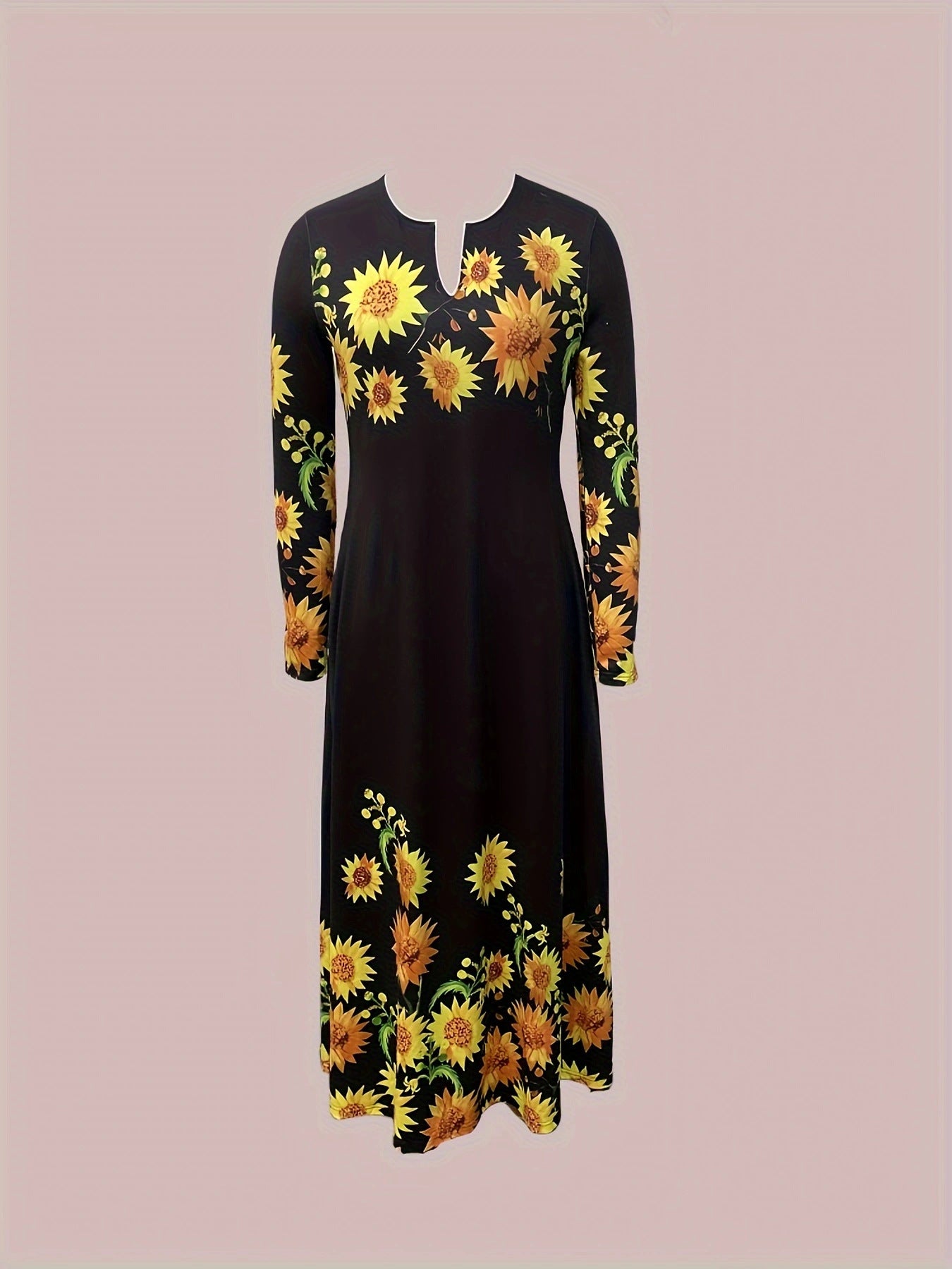 Spring Printed V-Neck Retro Floral Loose Long-Sleeved Long Dress 13