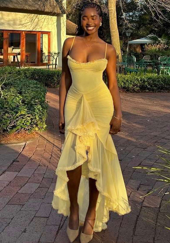 Women Sexy Backless Mesh Suspender Solid Dress