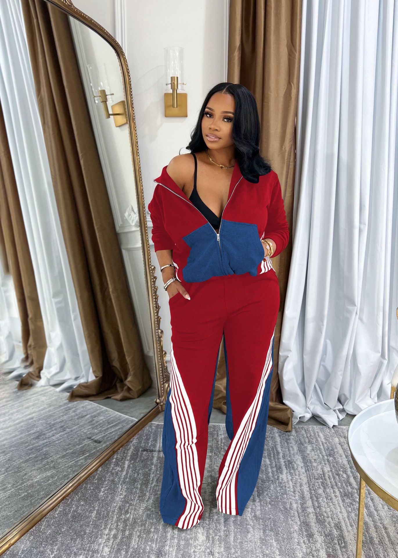 Denim Patchwork Sport Two-Piece Pants Set 6