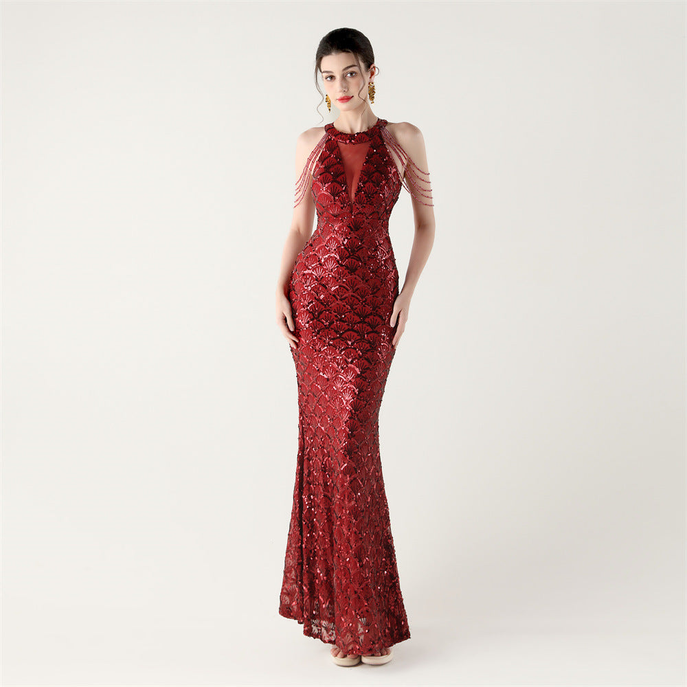 Sequin Fishtail Evening Dress Beaded Chain Formal Gown 14