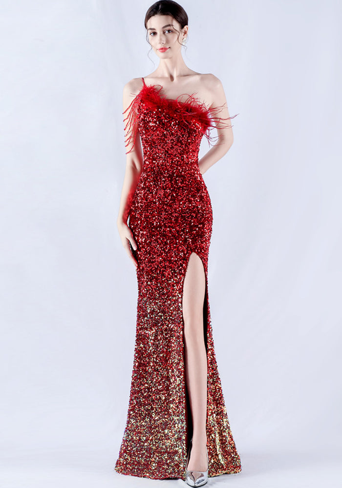Women Ostrich Feather Beaded Sequin One Shoulder Slash Shoulder Slit Evening Dress