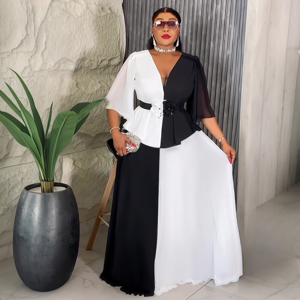 African Women's Elegant Plus Size Chiffon Patchwork Contrast Long Dress 4