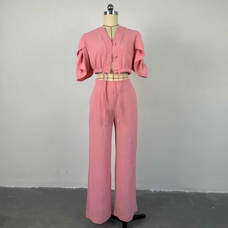 Women Autumn V-neck Bell Bottom Sleeve Tie Top and Wide Leg Pants Casual Two-piece Set