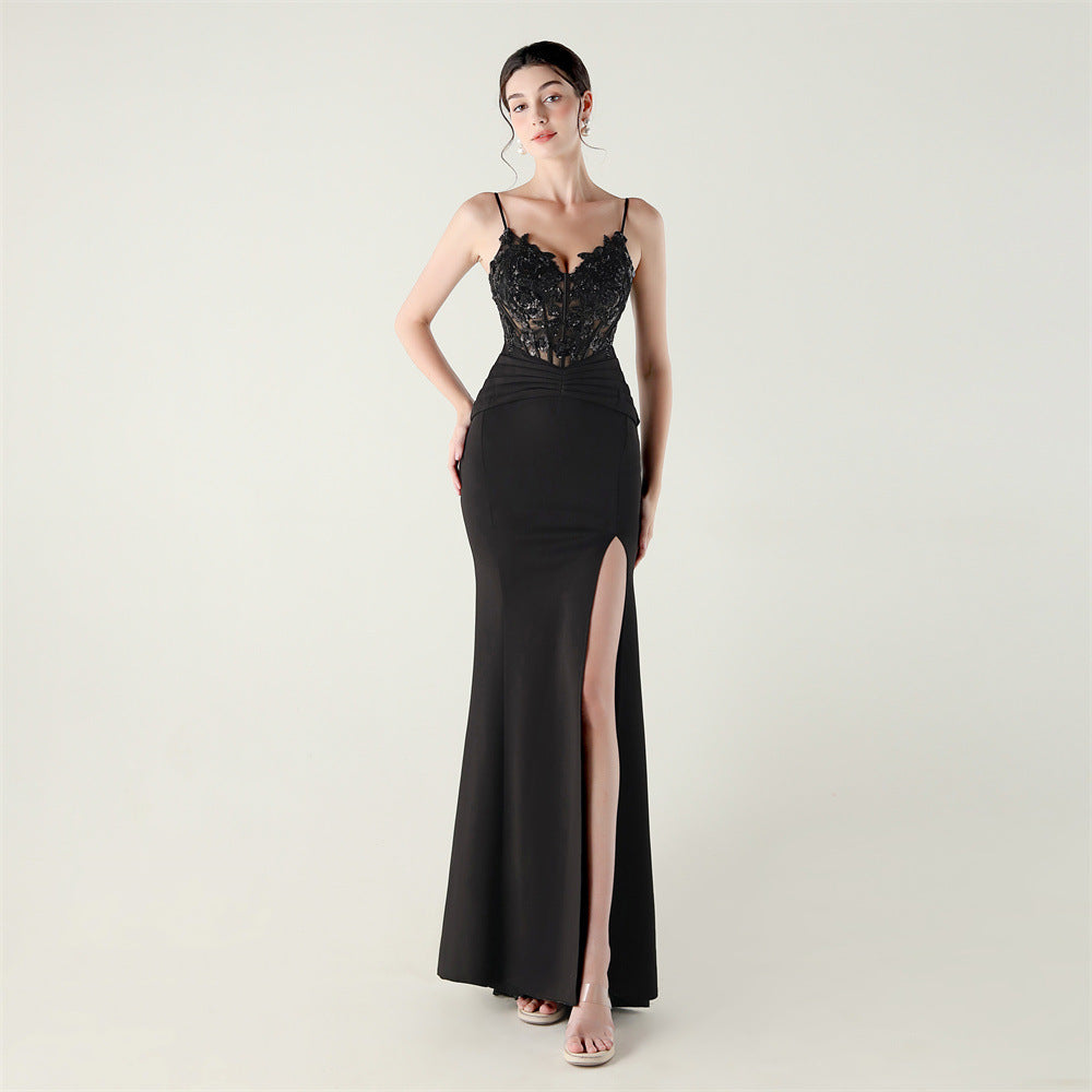 Women Off-shoulder Sexy Evening Applique Beaded Tube Fishbone Pressed Evening Dress 11