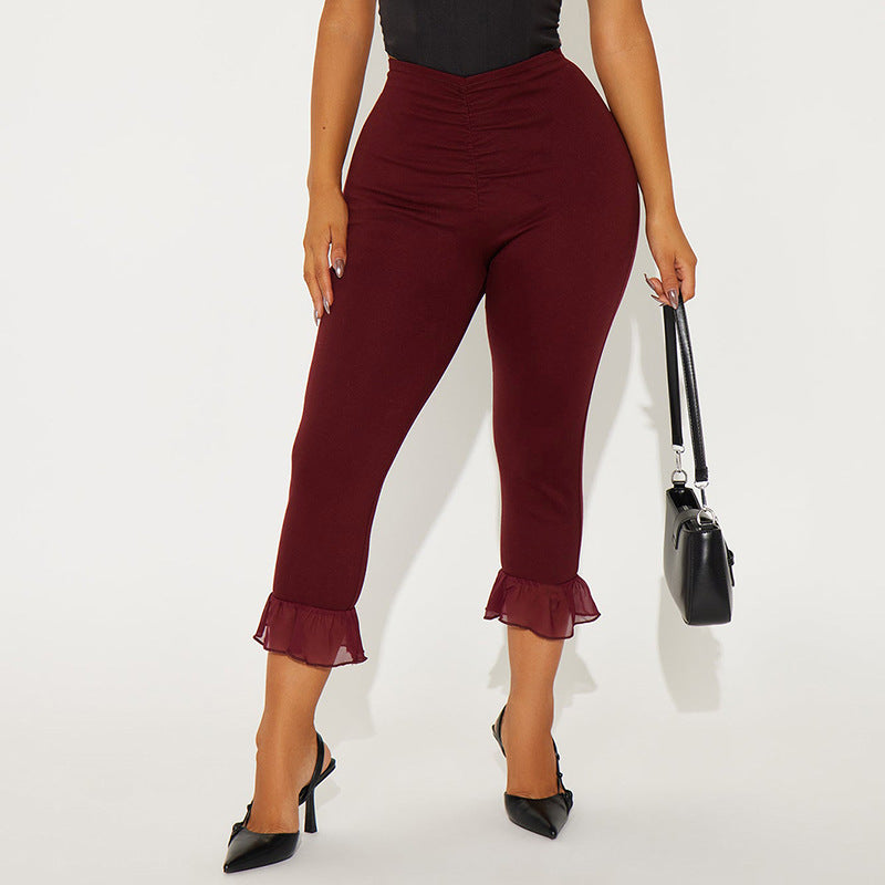 Women's Spring and Summer Ruffled V Waist Solid Color Elastic 7-point Casual Pants 17