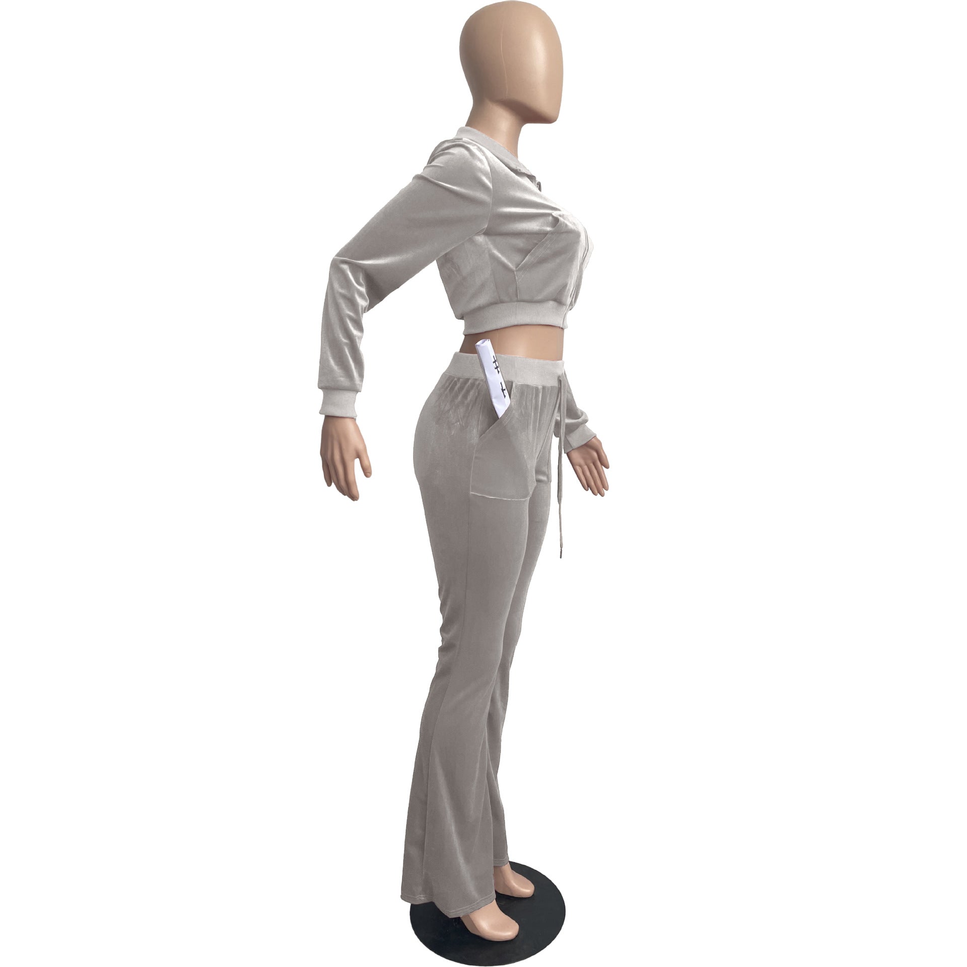 Women's Solid Color Velvet Long Sleeve Sexy Zipper Crop Top Pants Casual Sports Two Piece Set 53