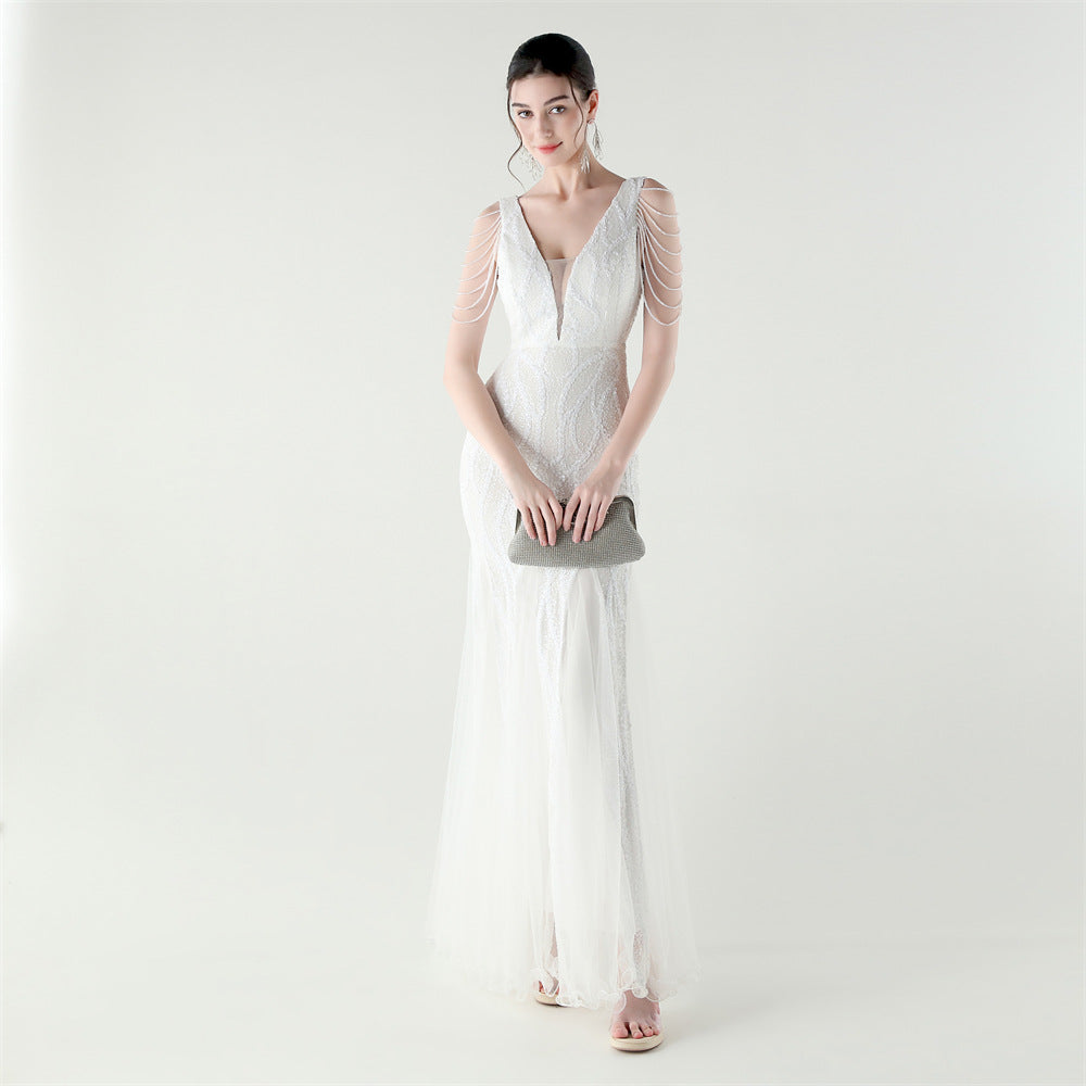 Spring Summer Low Back Sequined Mesh Slim Fishtail Party Evening Dress 14