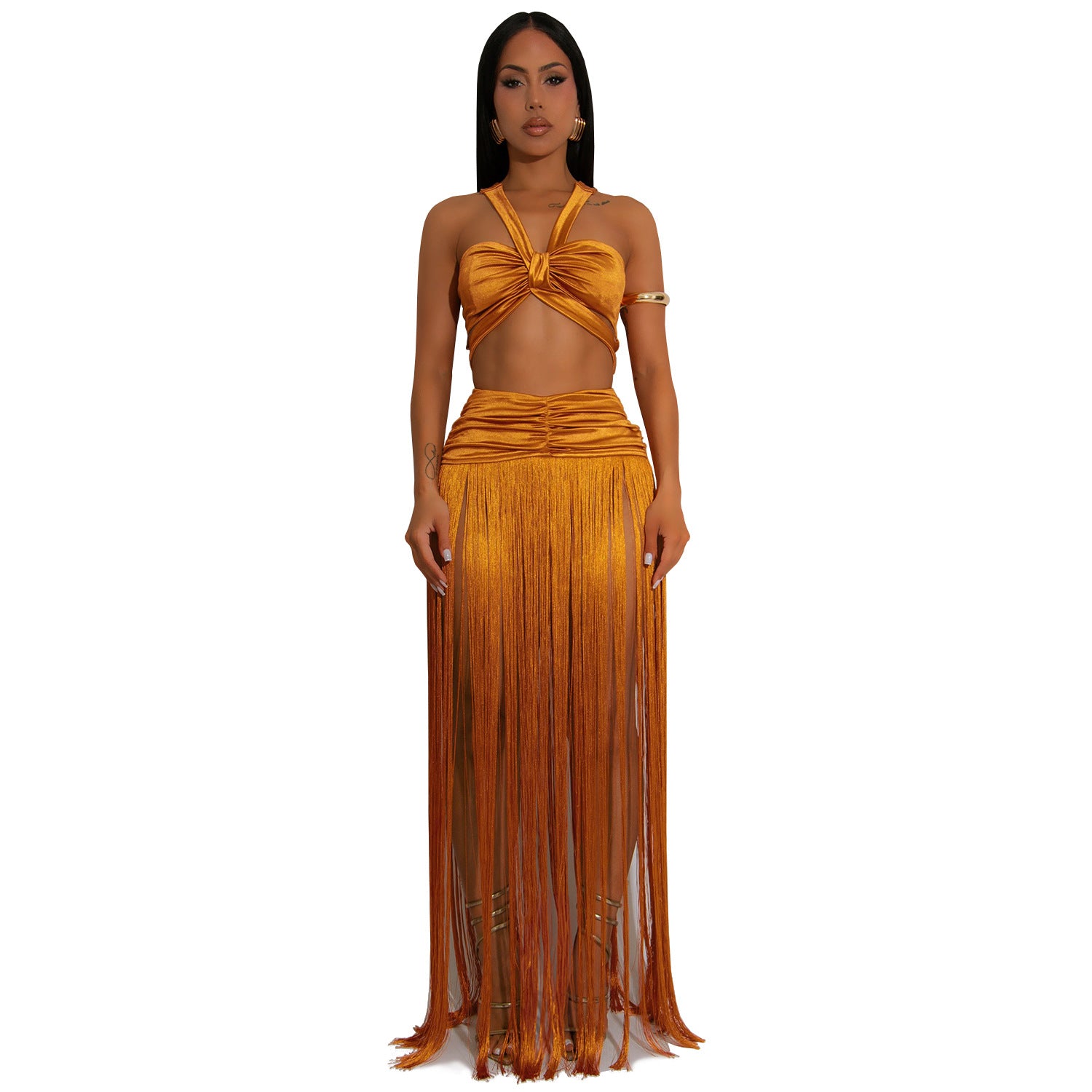 Women's Fashion Sexy Strap Top & Fringe Long Skirt Two-Piece Set 11