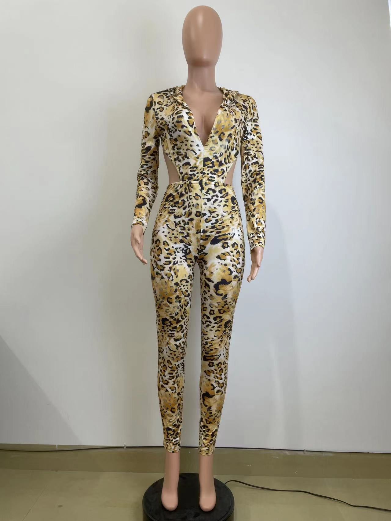 Women Autumn and Winter Leopard Backless Hooded Jumpsuit 9