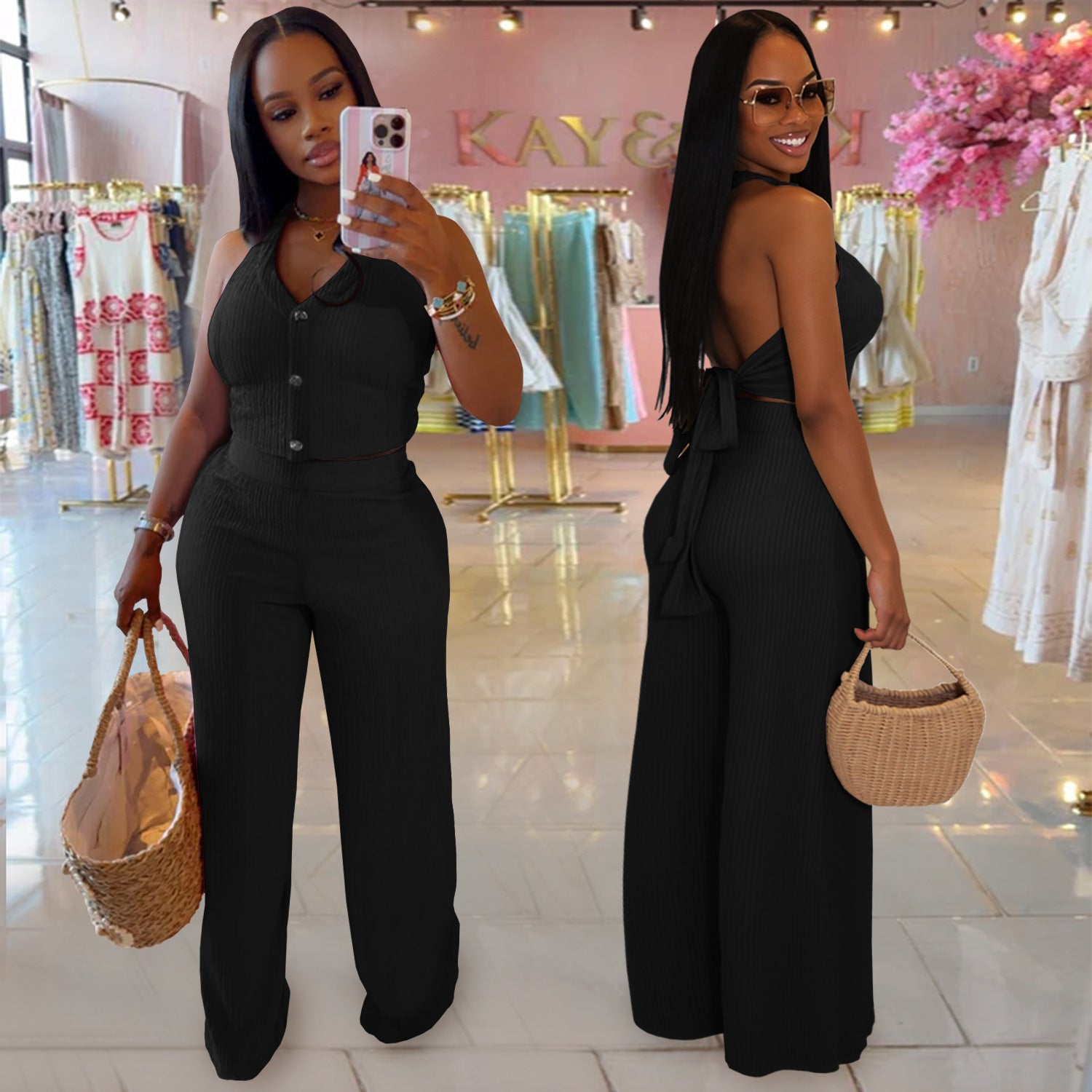 Fashion Women's Casual Halter Neck Lace-Up Top & Pants Two-Piece Set 9