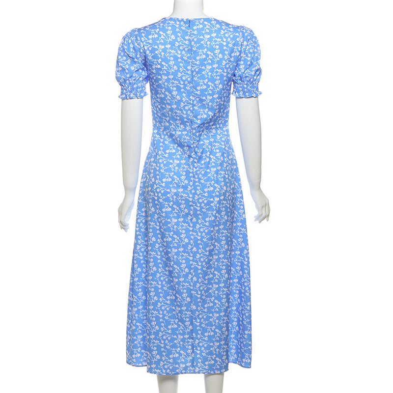 Women sexy square neck floral slit dress 11