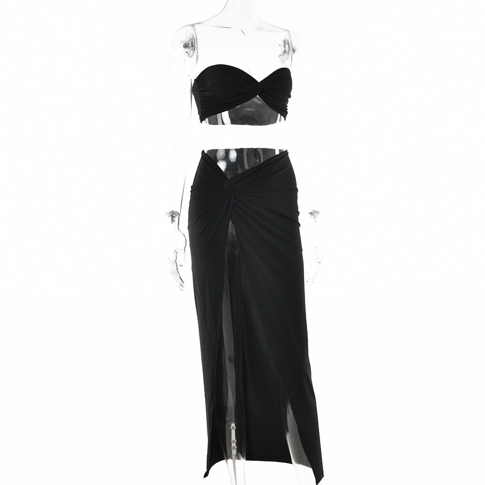 Women Summer Sexy Suspender Strapless Top and Slit Skirt Two-Piece Set 5