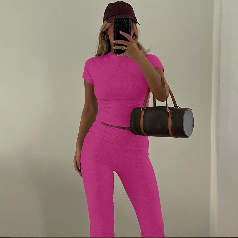 Women Spring Summer Crop Short Sleeve T-Shirt And Pants Two-piece Set 9