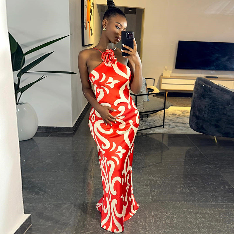 Fashion Printed Sexy Sleeveless Halter Neck Flower Decoration Bodycon Dress