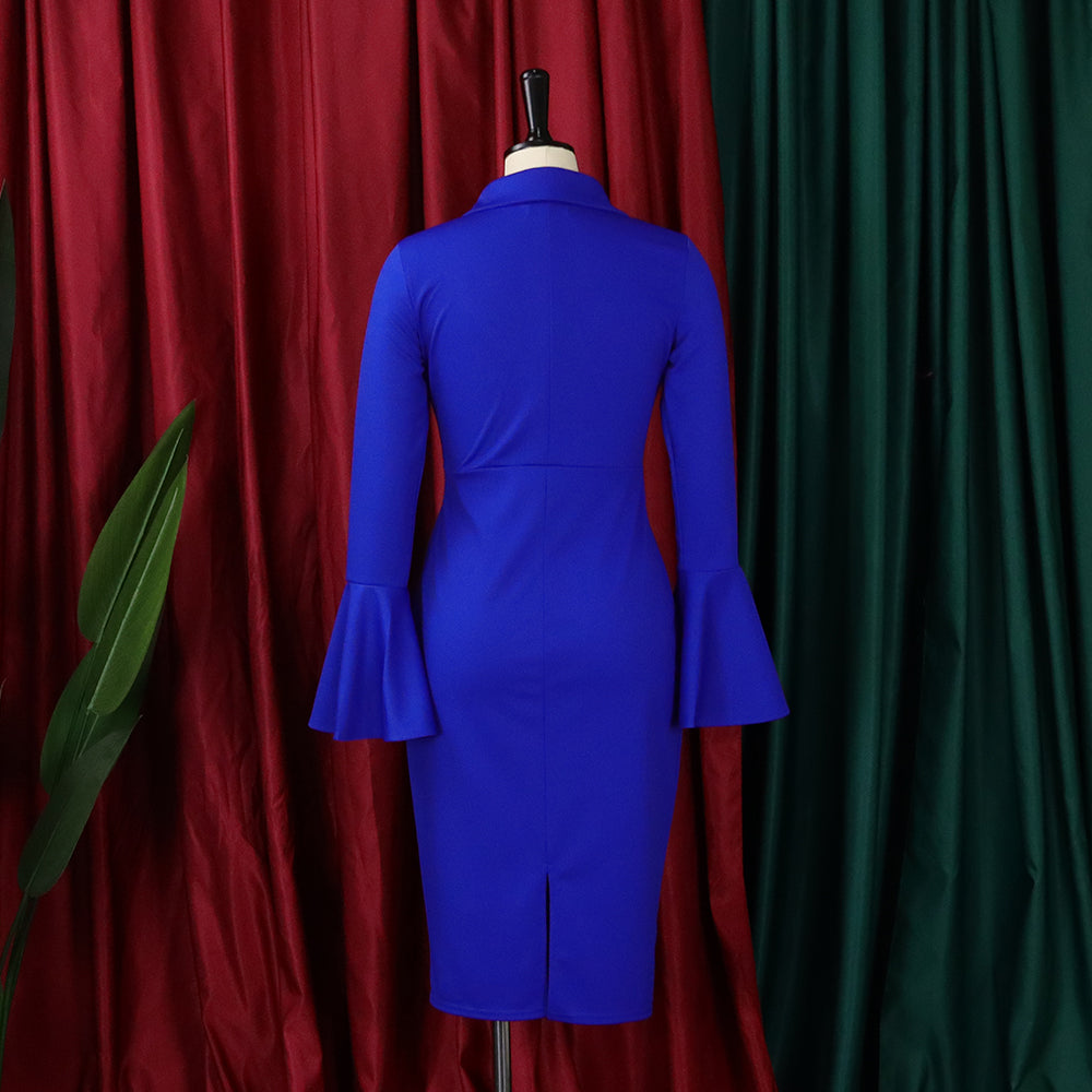 Women's Fall Winter V-Neck Chic Elegant Bell Bottom Sleeve Slit Bodycon Dress 19