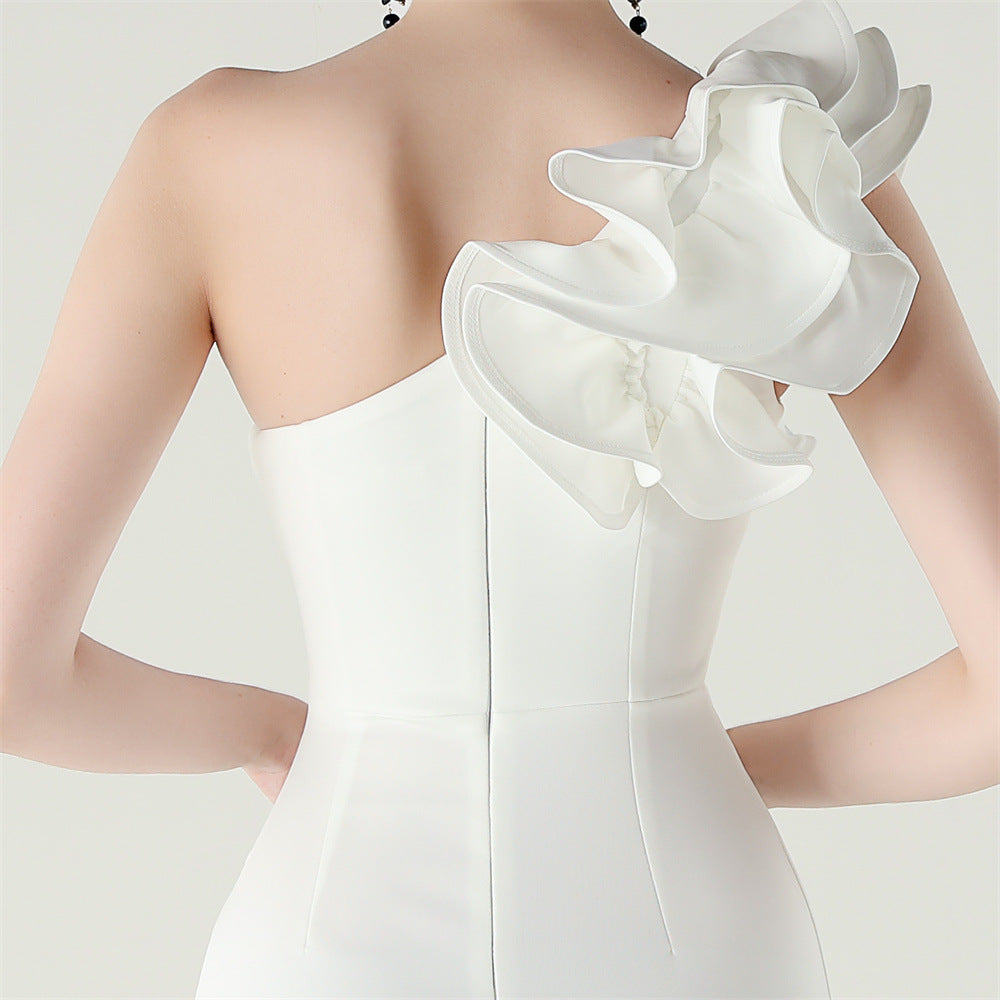 Women One-Shoulder Beaded Wool and Floral Satin Slit Sexy Evening Dress 77