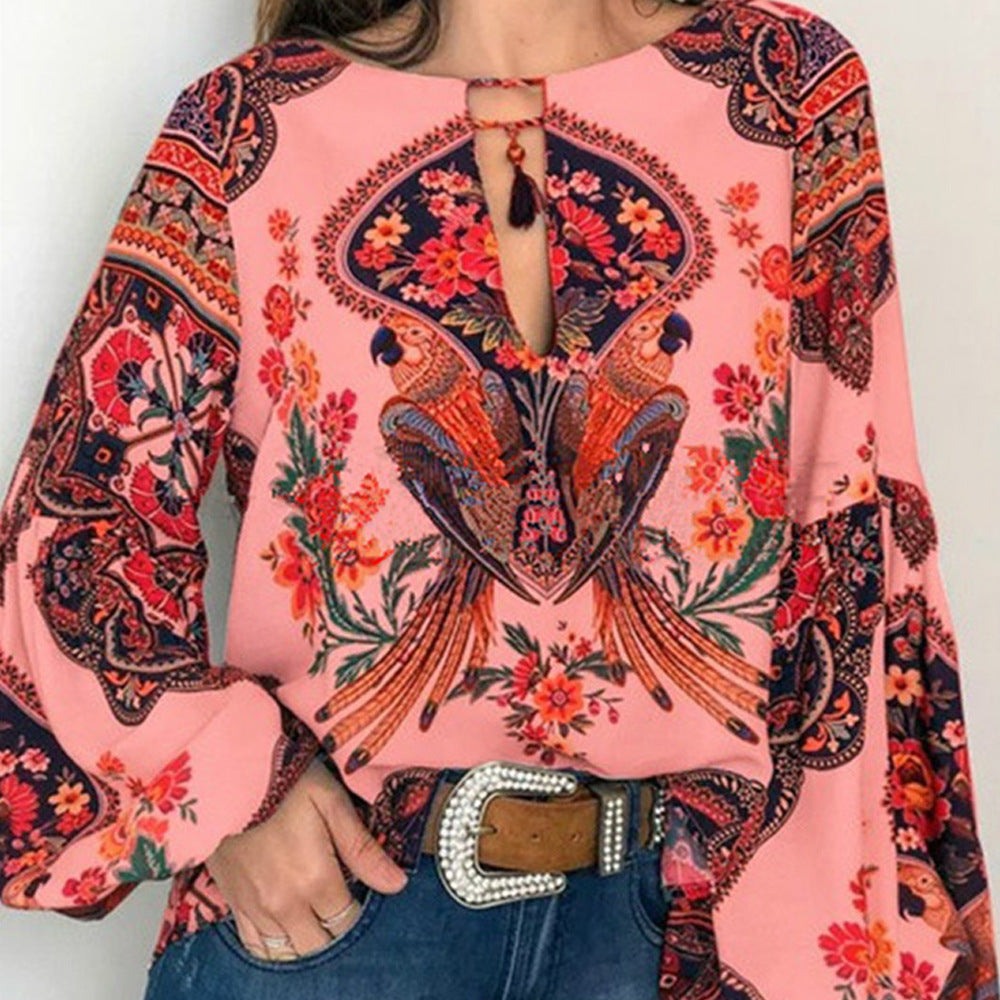 Women Style Women Printed Round Neck Balloon Sleeve Shirt 4