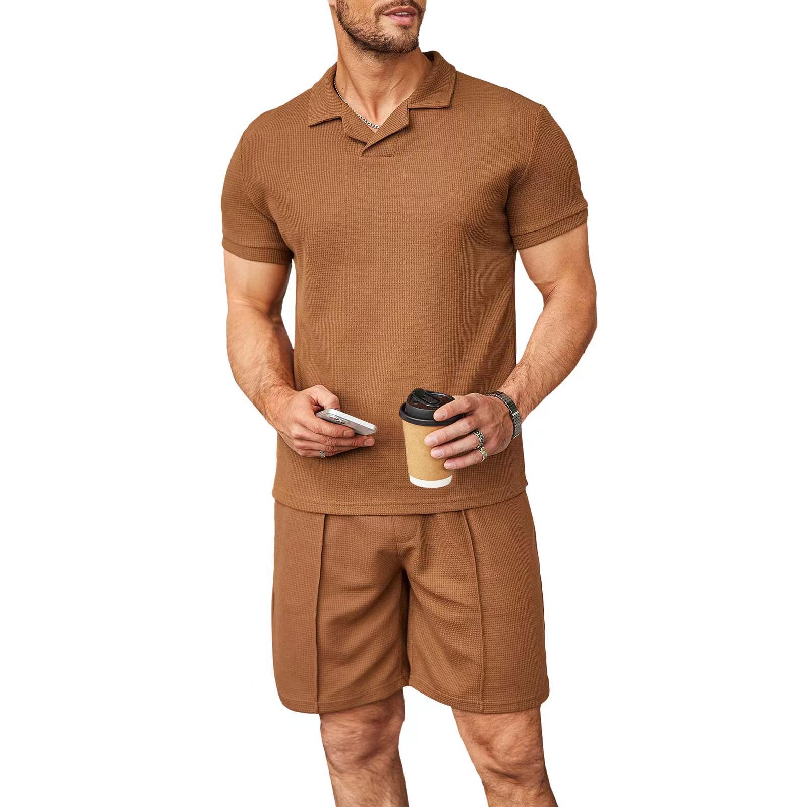 Summer Wafflev Turndown Collar Short-Sleeved Polo Shirt Shorts Men's Casual Fashion Two Piece Set 3