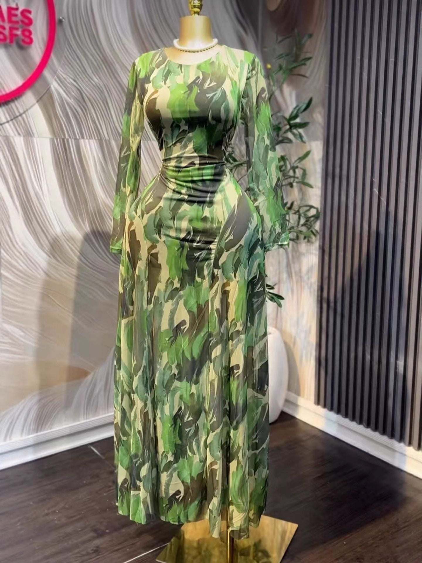 Sweet Mesh Pleated Long Dress Slim Waist Strap Maxi Dress 5