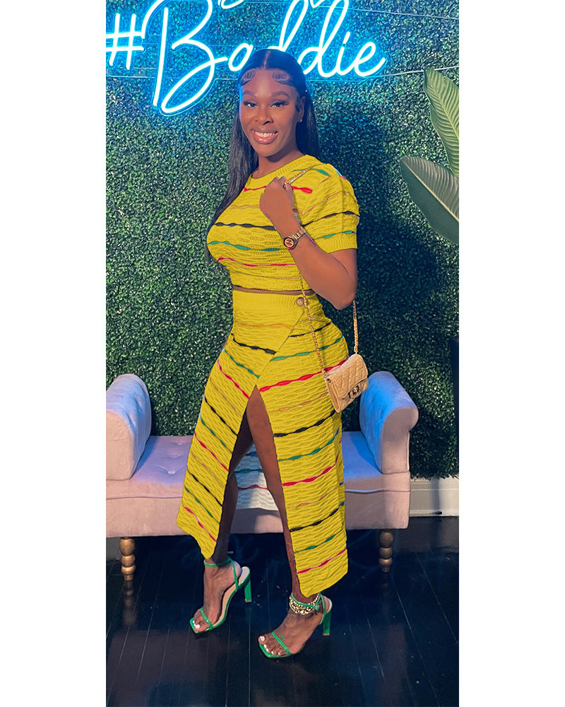 Women's Multi-Color Stripe Knitting Top Slit Skirt Two Piece Set 5