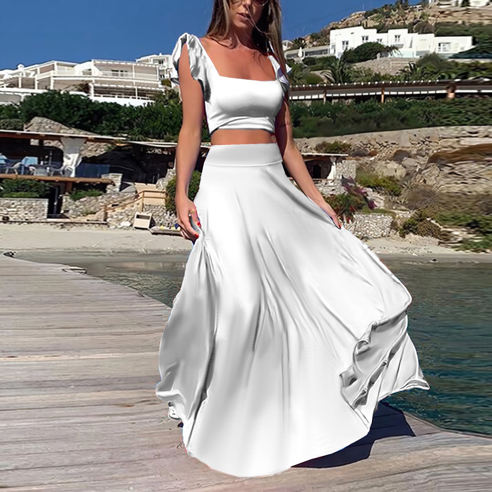 Women sexy and elegant lace Solid Sleeveless Top and Long Skirt Two-piece Set