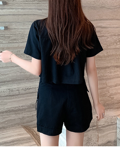 Two-piece summer Cargo style short-sleeved jacket wide-leg shorts women's suit 8