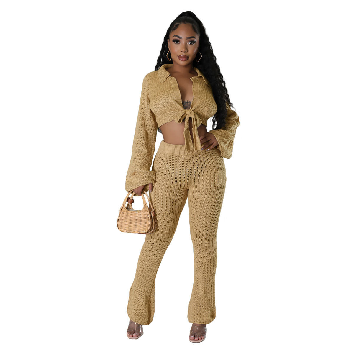 Women's Fashion Casual Bell Bottom Solid Color Knitting Tied Sweater Pants Two Piece Set 9