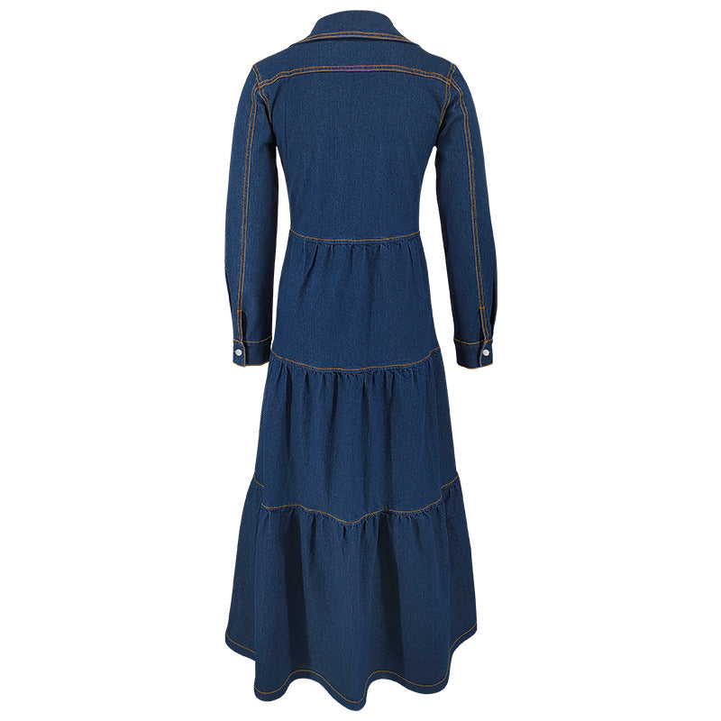 Elegant Long Sleeve Denim Long Dress 7