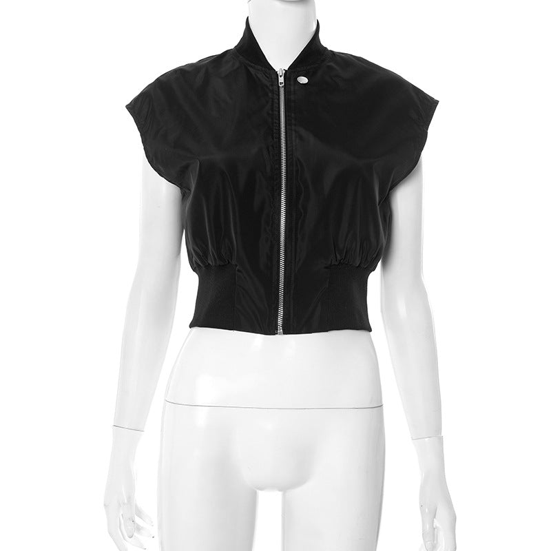 Women's Spring/Summer Stand Collar Button Zipper Slim Waist Solid Color Top 10