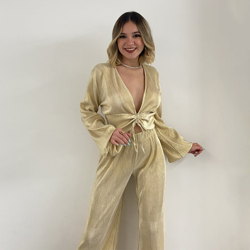 Women's Autumn Fashion V-Neck Puff Sleeve Top Wide Leg Trousers Casual Two Piece Set