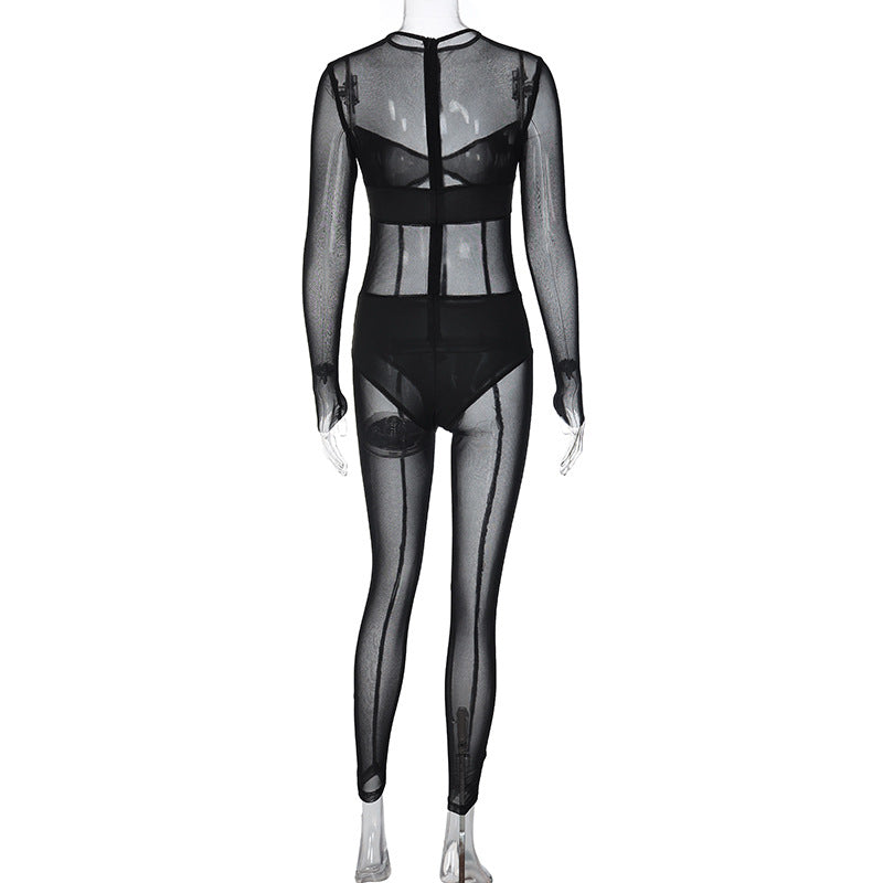 Women Long Sleeve Mesh Sexy See-Through Jumpsuit 6